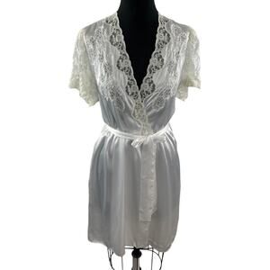 Sara Beth White Robe Comfort Belted Open Front Embroidered Lace Classic Casual